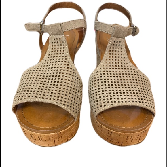 FRANCO SARTO CLINTON TAUPE SLING BACK PLATFORM CORK WEDGE LEATHER SUEDE CUTOUT - Picture 7 of 8